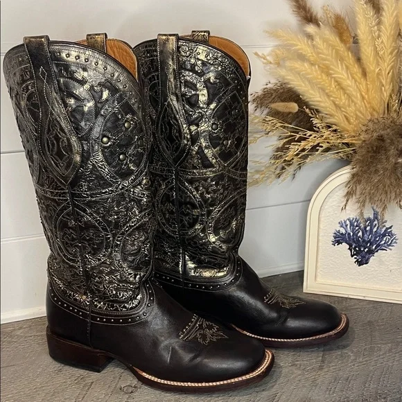 Lucchese Snowflake Brown and Gold Cowboy Boots with Intricate Detailing Size 10 - Picture 1 of 16